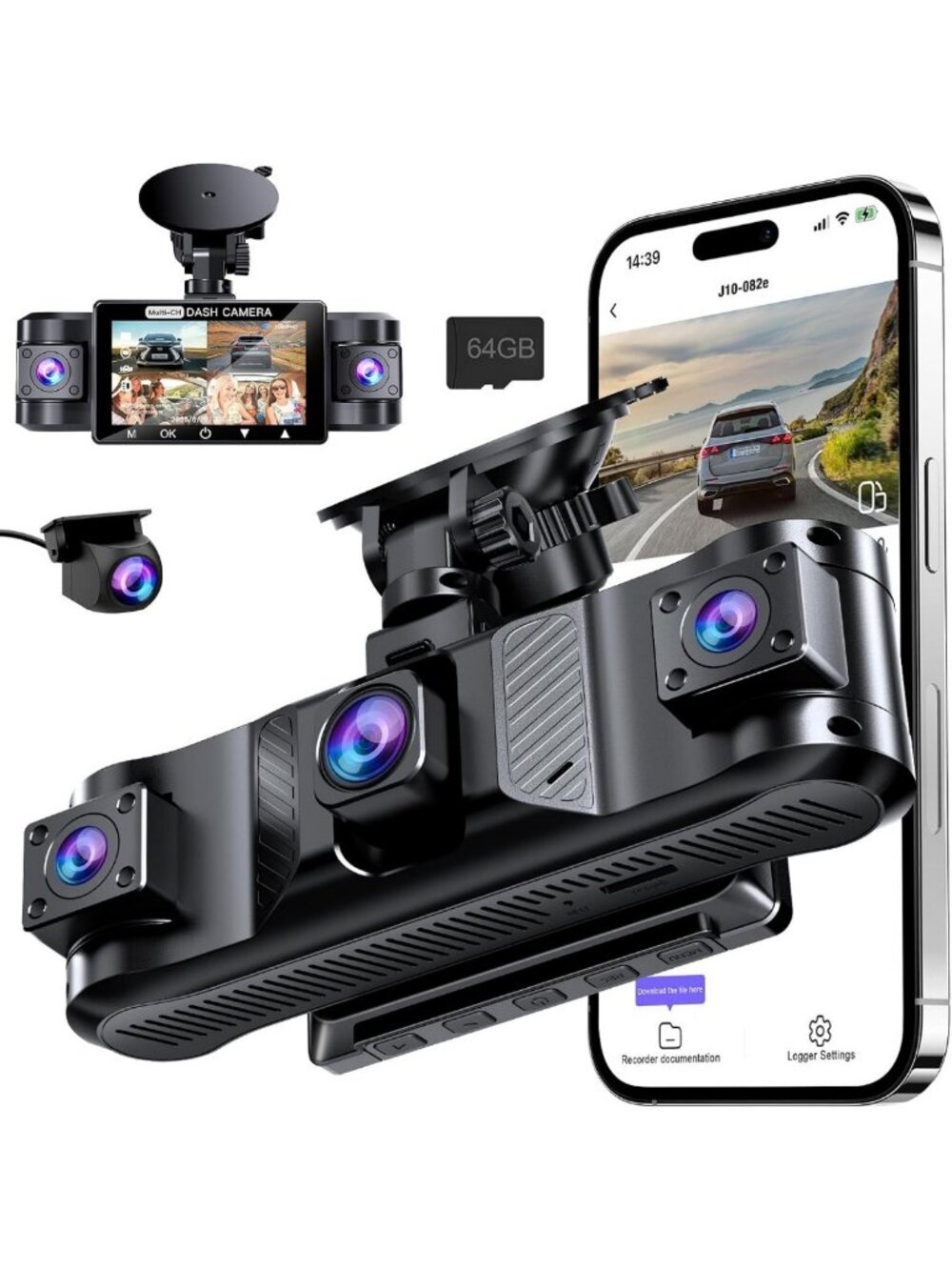 360° Dash Cam with 4 Channels, Front & Rear, WiFi, 64GB Card - High-Def Security